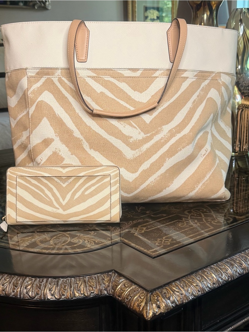 Coach Beige and Cream Zebra-Print Canvas Tote with Matching Wallet